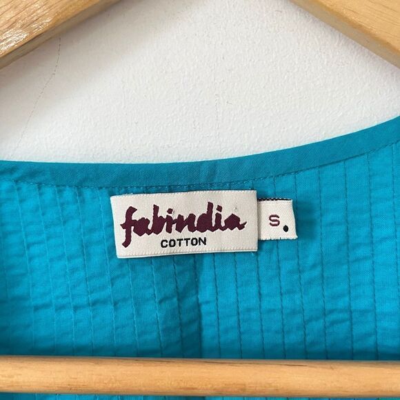 NWOT Fabindia Turquoise Blue Button Down Cap Sleeve 100% Cotton Shirt‎ - Picture 5 of 6